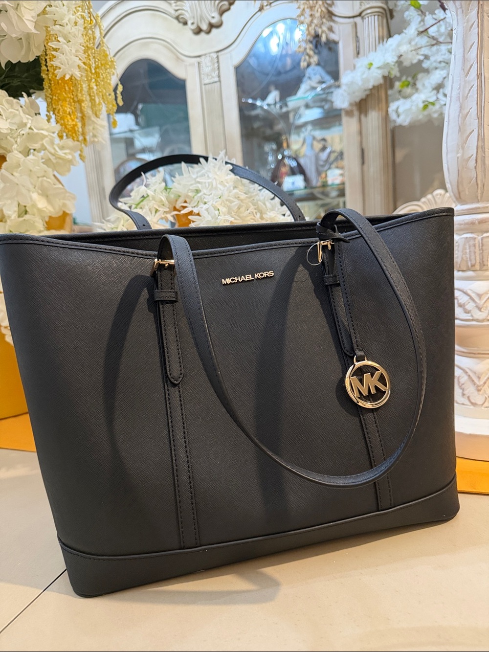 Michael Kors Black Saffiano Leather Tote with Gold MK Charm